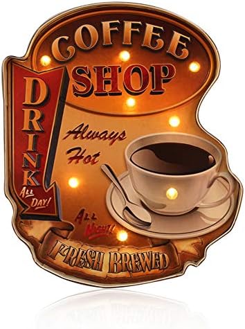 ACECAR Espresso Wall Decorations,Metallic Classic Handmade Marquee Embossed Tin Decor,Industrial Type Wall Hanging Signal,for Condominium,Residence,Bar or Cafe Wall Ornament–Battery Operated (Espresso store)