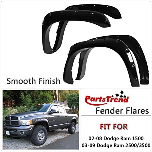 4pcs Black Smooth Finish Pocket-Riveted Fender Flares Kit Wheel Cover Set for 2002-2008 Dodge Ram 1500 and 2003-2009 Dodge Ram 2500 3500