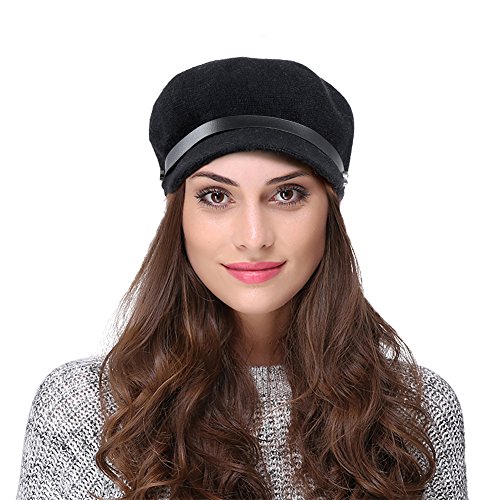 Vbiger Women Woolen Fedora Newboys Hat Visor Beret (Black)