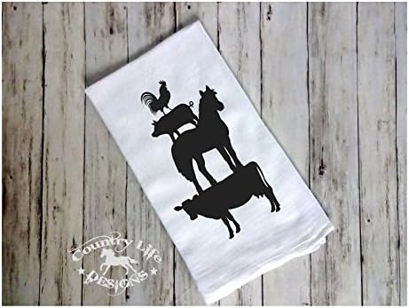 Farmhouse Theme Flour Sack, Tea Kitchen Towel - Farm Totem - Rooster, Pig, Horse, Cow