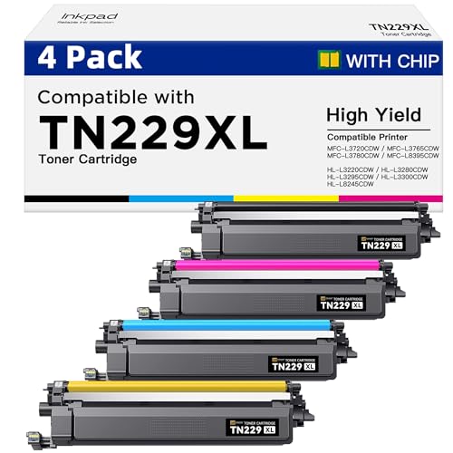 Compatible TN229XL TN229 Toner Cartridges for MFC-L3780CDW HL-3280CDW Replacement with Brother TN229XL TN-229XL TN-229 229XL Work with MFC-L3720CDW HL-L3220CDW HL-L3300CDW Printers (4 Pack, Bk/C/M/Y)