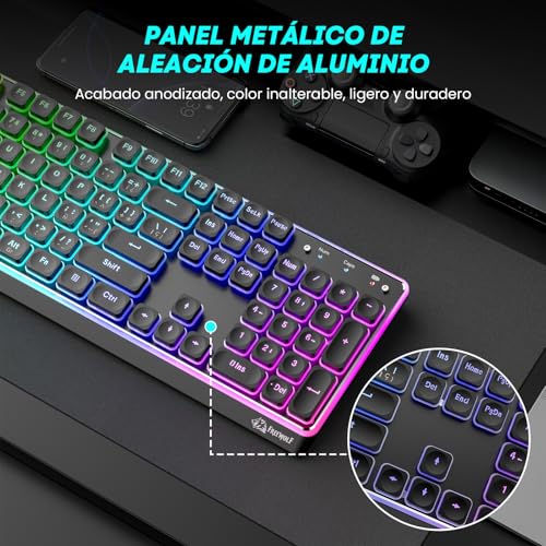 Free wolf M104 Teclado Inalámbrico RGB, Teclas Silenciosas para Conectividad 2.4G/Bluetooth/USB con Cable, Resistente Derrames, Teclado Recargable de Tamaño Completo 104 Teclas para PC y Mac (Negro)