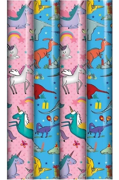 Kids Gift Wrapping Paper roll - Pack of 4 x 3M Cute Character Two Designs to wrap gifts Gift Wrapping Paper, Perfect for Birthday, Festival, Party and Festive Decoration(Total 4 rolls of two designs)