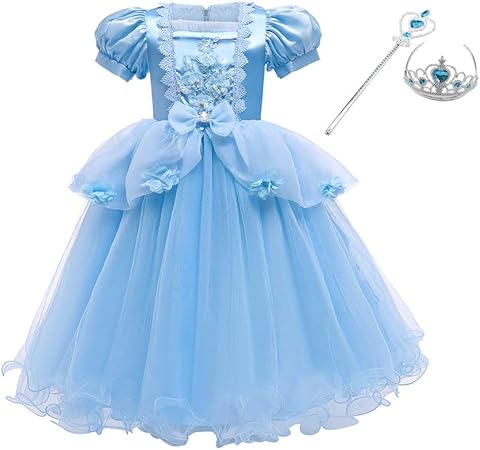 Amazon Kocekid プリンセスドレス 子供用 コスプレ シンデレラドレス ロングドレス コスチューム ハロウィン仮装 お姫様変装 ディズニードレス なりきり ふわふわ 可愛いドレス パニエなし ３点セット ドレス ティアラ ステッキ アイスブルー キッズコスチューム