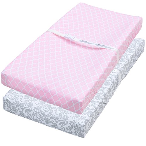Changing Pad Cover, 2 Pack Pink Quatrefoil/Gray Floral Fitted Soft Jersey Cotton