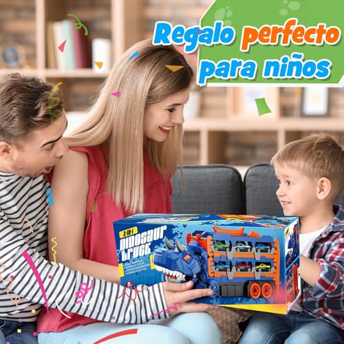 NEOROSVIKA Dinosaurios de Juguetes, Camión de Juguete de Dinosaurios con 12 Coches, Carritos Juguetes para Niño, Pista Doble Plegable, Regalo para Niños y Niñas (Azul)