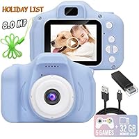 Kids Camera, 8.0 MP FHD Digital Video Recorder Shockproof Action Cameras with 2 Inch IPS Screen and 32GB SD Card for Girls Boys Gifts Blue
