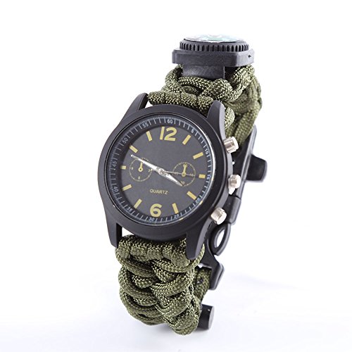 Silvercell Survival Bracelet With Watch Flint Fire Starter Scraper Whistle Gear (Army Green)