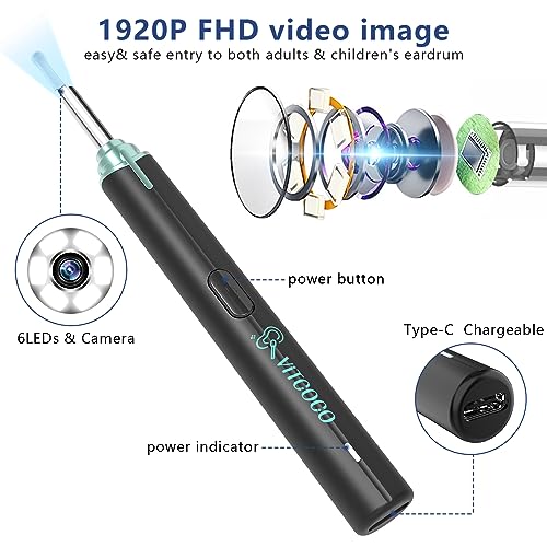 VITCOCO Ear Wax Removal Tool,1920P HD Ear Cleaner with 6 LED Lights and 8 Ear Spoons, Ear Wax Removal with Camera, Ear Cleaning Kit Compatible for iPhone, iPad, Android