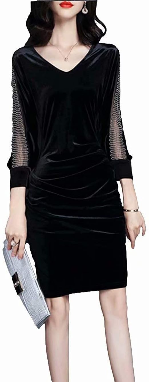 Amazon Kumi ベルベット ワンピース レディース タイトスカート 通勤 フォーマル セクシー Vネック 膝丈 宴会 3xl ブラック ワンピース チュニック 通販