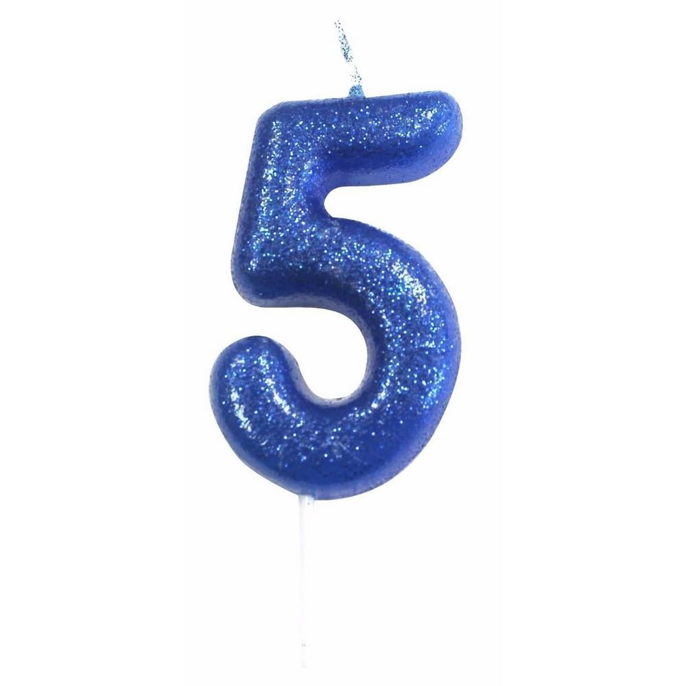 Anniversary House Colourful Blue Glitter Number 5 Cake Candle for Birthday and Anniversary Decorations - Elegant Birthday Candle for Cake - Stylish Silver Number Candle Topper 7 cm