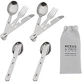 4-in-1 Camping Utensils Hiking Cutlery Set for 4, Portable Stainless Steel Flatware Spoon Fork, Knife & Bottle Opener Combo p