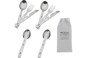4-in-1 Camping Utensils Hiking Cutlery Set for 4, Portable Stainless Steel Flatware Spoon Fork, Knife & Bottle Opener Combo p