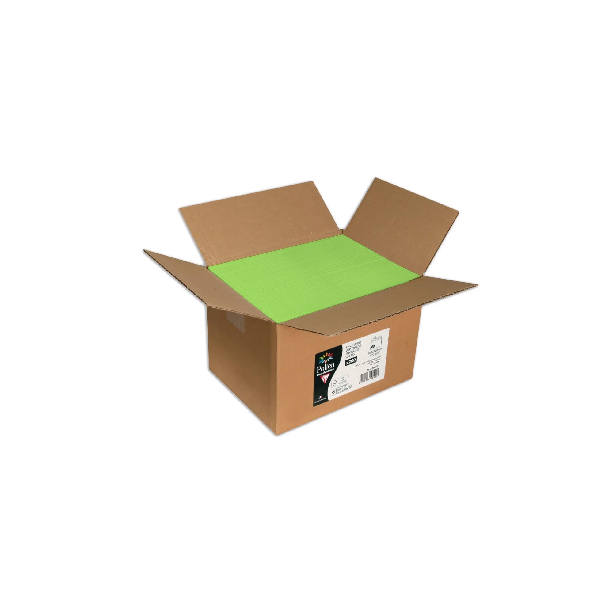 Clairefontaine 55542C Box of 200 Gummed Envelopes C5 (16,2x22,9cm) 120g/m² Intensive Green Invitation Events Correspondence Range Pollen Premium Smooth Paper