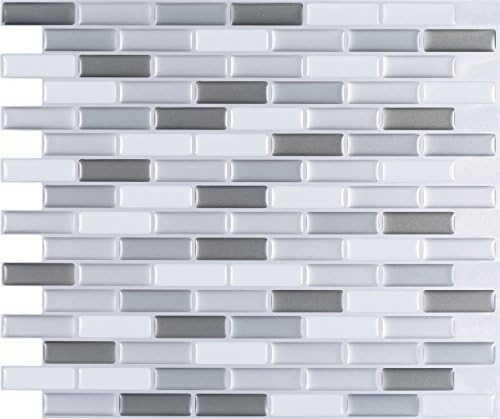 WALL DIMENSION Easy Peel & Stick 3D Vinyl Mosaic Grey White Silver Tile for Kitchen and Bathroom Back Splash Border. Set of 4 Tile Sheets. 2.83 sf. WM-129C