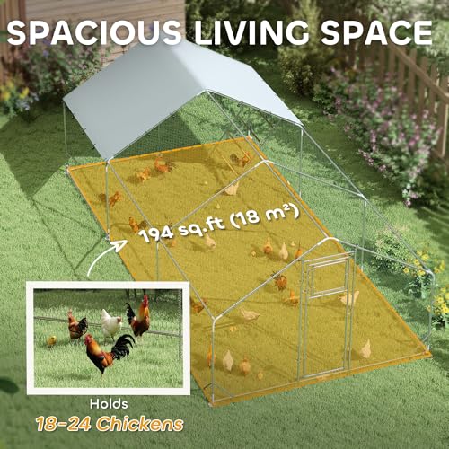 PawHut Chicken Run, Large Metal Chicken Coop with Feeding Door, Waterproof & UV-Resistant Cover, Hanging Feeder, Perch, Poultry Cage for Outdoor, Backyard, Farm, for 18-24 Poultry