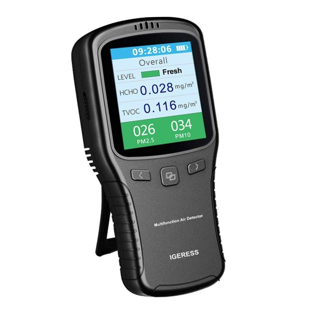 Air Quality Detector IGERESS Multifunctional Indoor Air Quality Meter Monitor with Colorful LCD Screen and Holder for Formaldehyde (HCHO) VOC PM2.5 PM10 Accuracy Tester