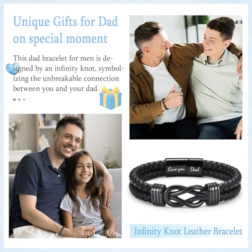 Gifts for Dad Grandad Husband Son Grandson, Infinity Knot Leather Bracelet for Brother Uncle Boyfriend Nephew, Christmas Birthday Fathers Day Valentines Gifts for Him, Stocking Fillers for Men Boys