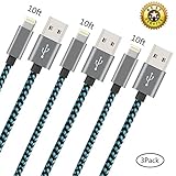 iPhone Charger Youer - 3Pcs 10FT iPhone Lightning Cable Nylon Braided 8pin to USB Charging Cord for Apple iPhone 7/7 plus/6/6s/se/5s/5c/5,iPad Air,Mini/iPod (Green & Black)