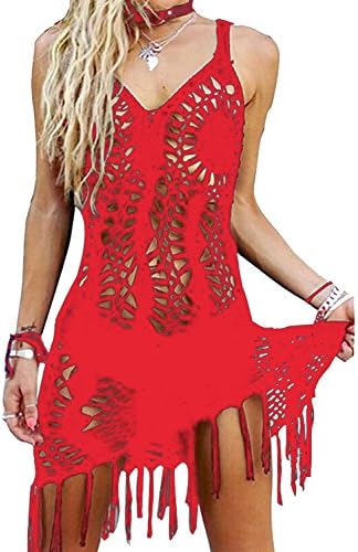 CXINS Women's Sexy Handmade Crochet Bikini Swimsuit Cover Hollow Out Tassels Beach Dress Size S Red