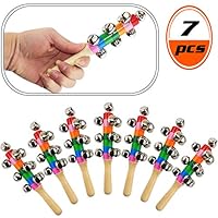 Heatoe 7PCS Colorful Handbell, Rainbow Handle Wooden Bells Jingle Stick Shaker Bells For Baby Kids Children Musical Toys