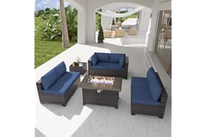 Delnavik Patio Furniture Set with Fire Pit Table 8-Piece Outdoor Sectional Furniture Outdoor Rattan Patio Conversation Sets with 43in 55,000 BTU Propane Gas Fire Pit Table Glass Table, Navy Blue
