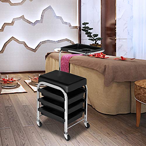 TryMe Mobile Salon Rolling Trolley Chair,Nail Pedicure Beauty Storage Stool Black