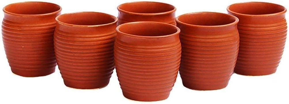 FnP's Handcrafted Ceramic Stoneware Reusable Kullad Set of 6 (Colour: Brown | White line)