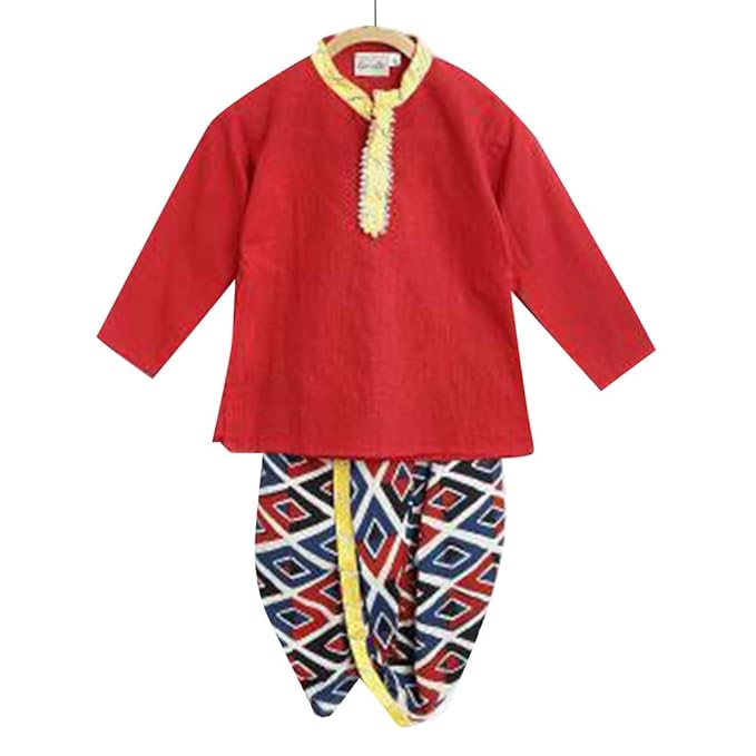BownBee By Hopscotch Baby Boys Soft Cotton Blend And Silk Jaipuri Print Cambric Coat And Dhoti Kurta in Blue Color