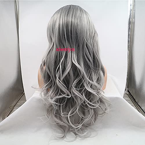 Xiweiya Long Silver Platinum Grey Lace Front Wigs with White Tips Mixed Grey Natural Wavy Ombre Synthetic Lace Wig Heat Resistant Fiber Wigs Middle Parting Wig for Women 22inch