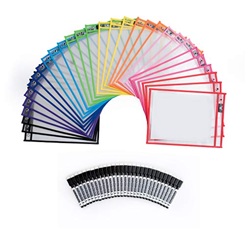 Dry Erase Pockets 30 Pack Reusable Clear Plastic Sleeves with Marker