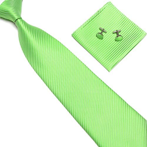 Stylefad Men's Tie Set Solid Color Striped Necktie Pocket Square and Cufflinks (green)