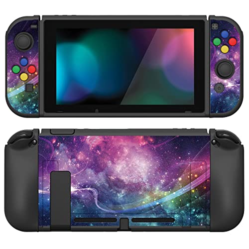 PlayVital ZealProtect Soft Protective Case for Nintendo Switch, Flexible Cover Protector for Switch with Tempered Glass Screen Protector & Thumb Grip Caps & ABXY Direction Button Caps - Purple Galaxy