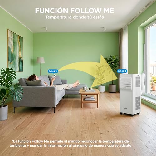 Pingüino Aire Acondicionado Portátil 3 en 1 | 7000 BTU/1800 Frigorías Con App + Mando a Distancia | Climatizador y Deshumidificador | Bajo Consumo | Función Follow Me | Incluye kit de ventana