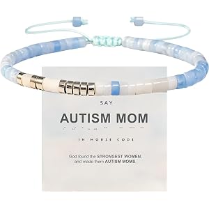 Autism Mom Aquamarine Morse Code Bracelet, Adjustable Courage & Power Design, Natural Stone Stackable Beads for Special Needs