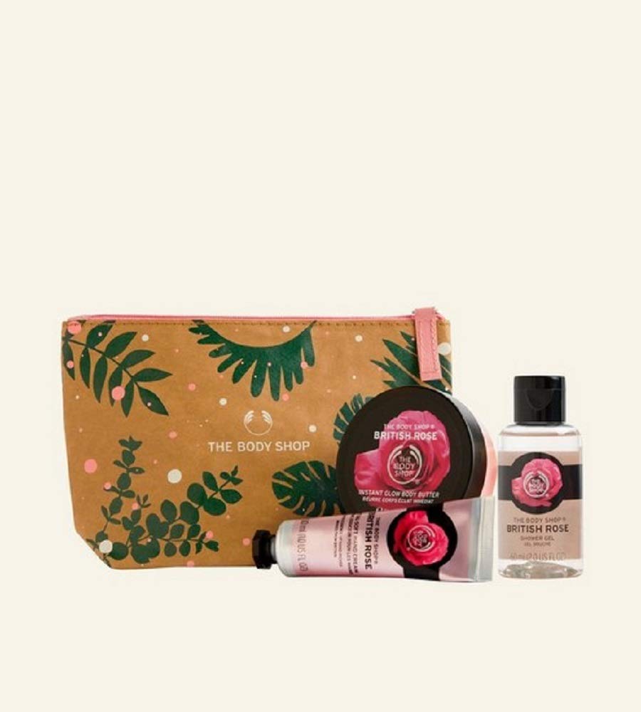 The Body Shop - 4 PC Mini Set British Rose Hand Cream, shower gel, Body Butter Zip Bag TRAVEL GYM