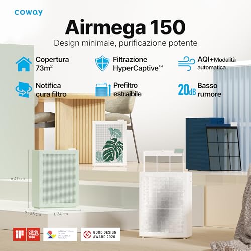COWAY Air Purifier Home Room, Air Purifier, ECARF Quiet Mark, Sleep Mode 20 dB, Washable Pre-Filter Removable from the Top, Easy Cleaning, Allergy Smoking Pollen Animals, Airmega 150, White