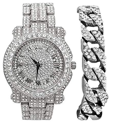 Charles Raymond Bling-ed Out Silver Round Luxury Mens Watch w/Bling-ed Out Bracelet - L0504B, Silver-B, Mens, L0504B - Cuban (Silver)