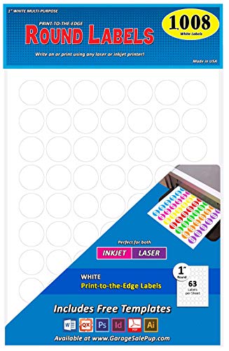 Pack of 1008, 1-inch Diameter Round Dot Labels, White, 8 1/2 x 11 Inch Sheet, Fits All Laser/Inkjet Printers, 63 Labels per Sheet, 1"