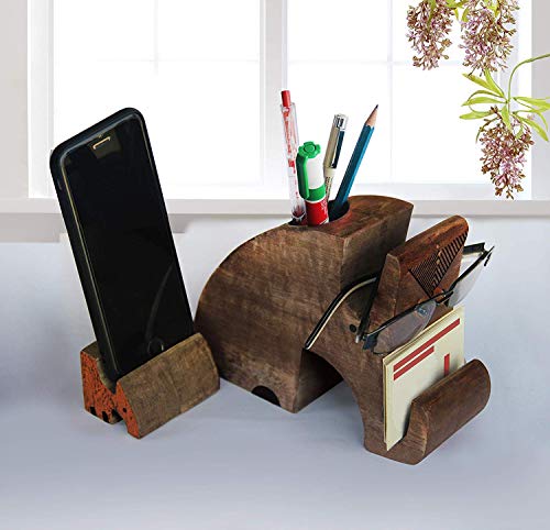 storeindya Elephant Pen Holder Wooden Pen Pencil Stand Phone Holder – Spectacle Holder Wooden Specs Stand – Desk Stationery Organizer Eyeglass Holder Office Desk for Mother's Day