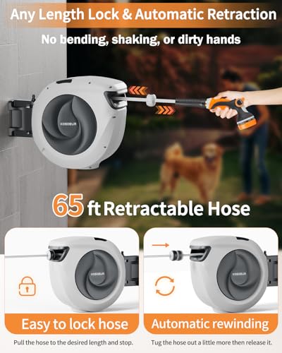 KOSOEUR Retractable Garden Hose Reel, 1/2 in x 65 ft Garden Hose Reel, Automatic Retractable Water Hose Reels Wall Mount with 10 Pattern Nozzle, Slow Rewind System/Any Length Lock/180° Swivel Bracket