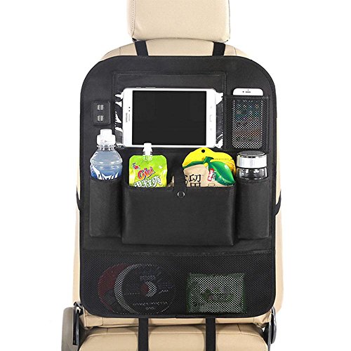 AOLVO Backseat Car Organizer for Kids, Kick Mats Back Seat Car Protector with Multi Pocket Storage Bag Holder & 4 USB Port for IPad Tablet Bottle Drink Tissue Box Toys Vehicles Travel Accessories - Thumbnail 2