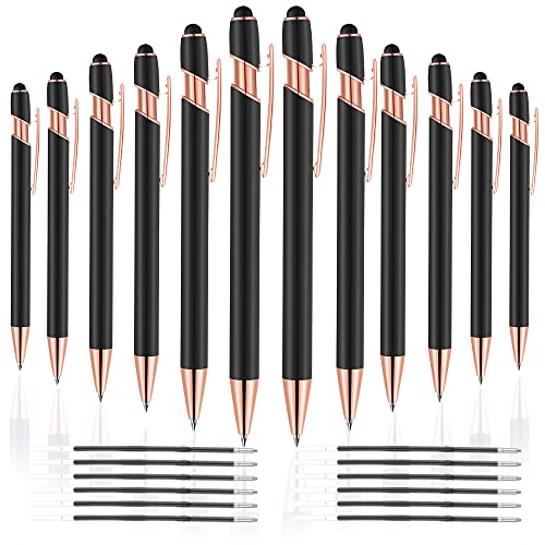 12 PCS 2 in 1 Stylus Ballpoint Pen with Stylus Tip, 1.0 mm Black Ink Metal Pen Stylus Pen for Touch Screens (Rose Gold & Black)