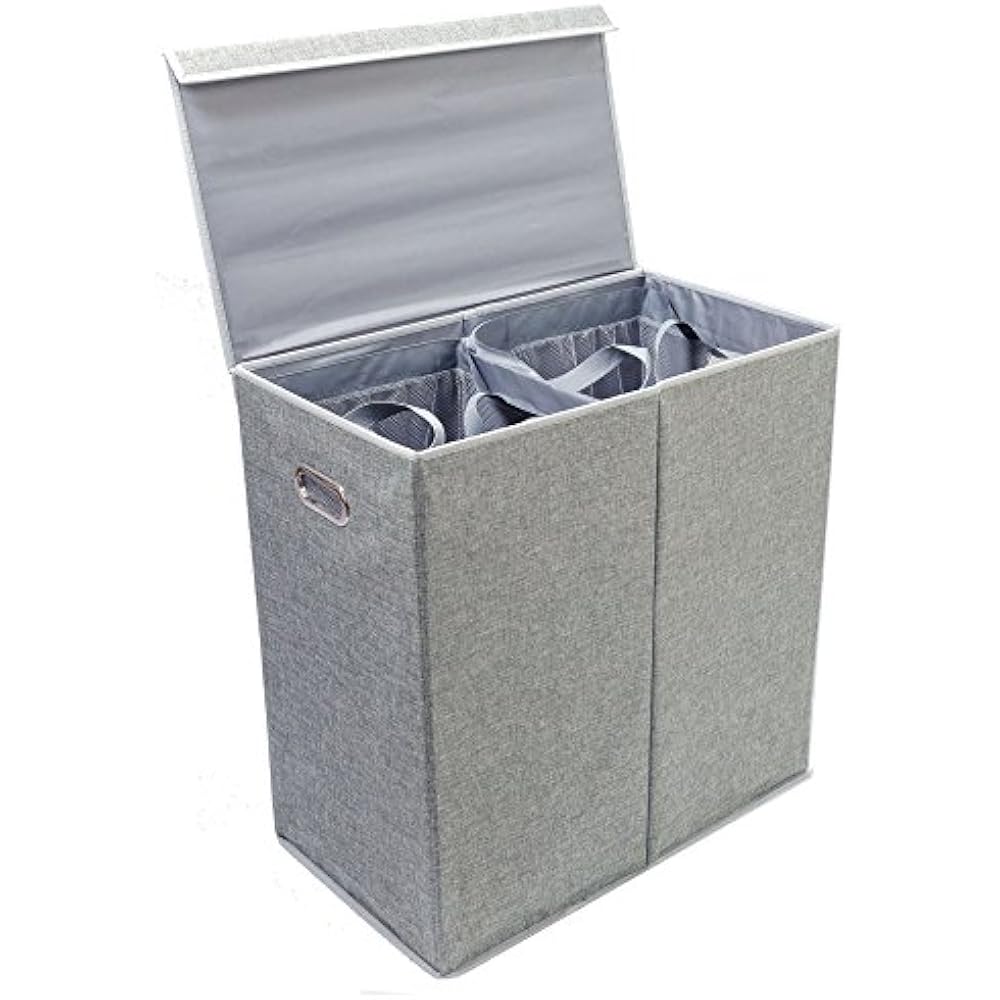 Double Laundry Hamper Lid & Removable Liners Foldable Collapsible 2