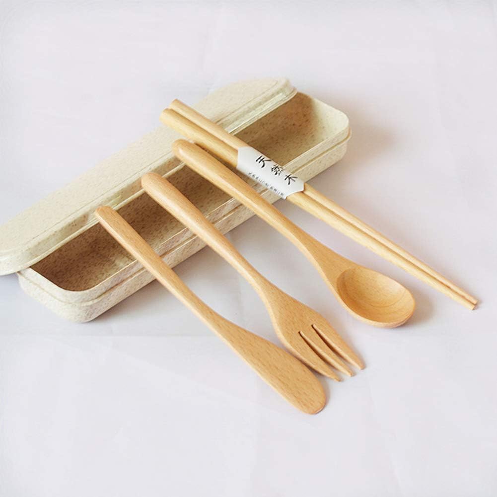Pack of 5 Bamboo Cutlery Set Travel Portable Utensil Set Reusable with Case, Knife, Fork, Spoon, Chopsticks, Wooden Flatware Set Eco-Friendly for Outdoor Camping