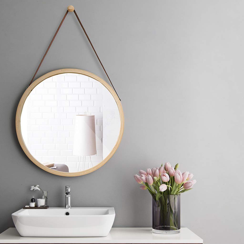 Size 45 * 45cm Bathroom Vanity Mirror Bathroom Hanging Mirror Round Glass Mirror Bamboo Color