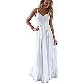 Women's V Neck Spaghetti Straps Beach Wedding Dresses for Bride, Long A-Line Chiffon Bridal Gown Lace Wedding Gowns