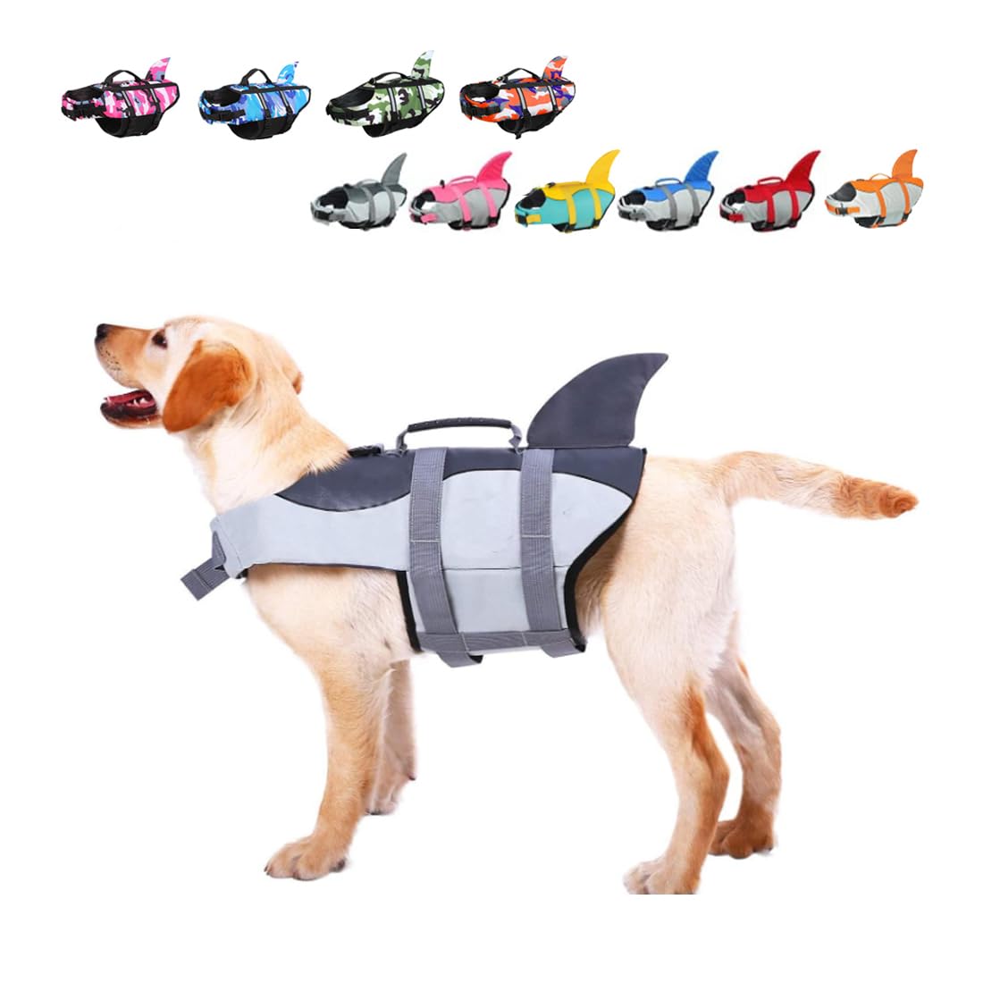Large Dog Life Jacket Shark, Dog Swimming Safety Vest with Reflective Stripes & Rescue Handle, Adjustable High Buoyancy S/M/L Dog Swim Life Preserver for Water at Pool, Beach, Boating Gray XS