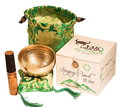 Tibetan Handmade Singing Bowl Set By YAK THERAPY - Om Mani Padma Hum - Excellent Resonance Healing & Meditation Yoga Bowl with Mallet, Silk Cushion, & Silk Bag - Crown Chakra Balancing - Made in Nepal