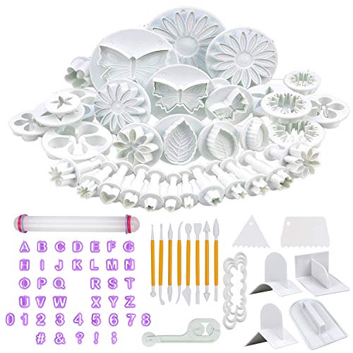 LIKETURE Fondant Tools Kit 114pcs Fondant Cake Decorating Supplies for Sugarcraft Icing Cookies Fondant Molds with Letter Cutters Plunger Smoother Rolling Pin Leaf Flower Modelling for Beginner DIY